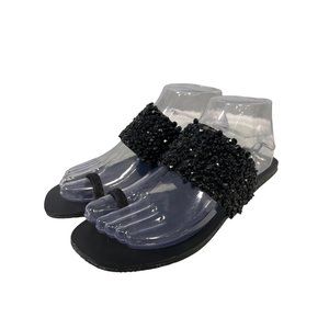 Neftali Comfort Beaded Embellished Flat Sandal Womens 6 Toe Loop Black Bohemian